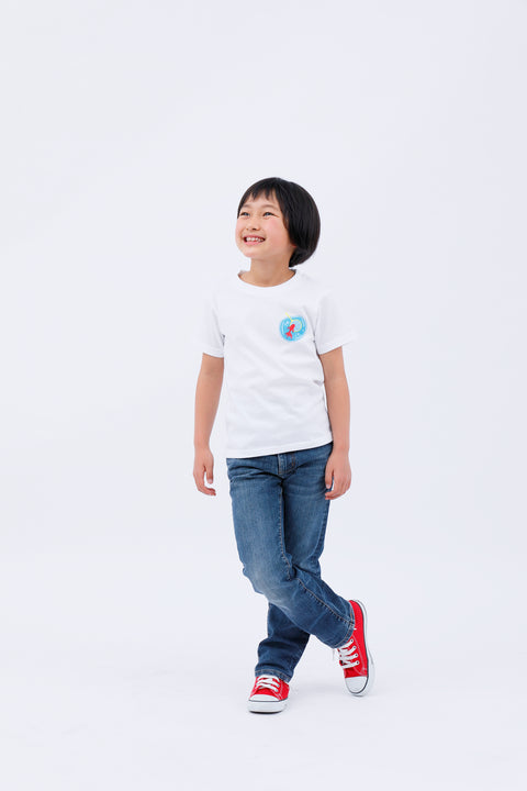 Full-body front view of the child in the "Kingyo Sukui" T-shirt and jeans, walking casually.