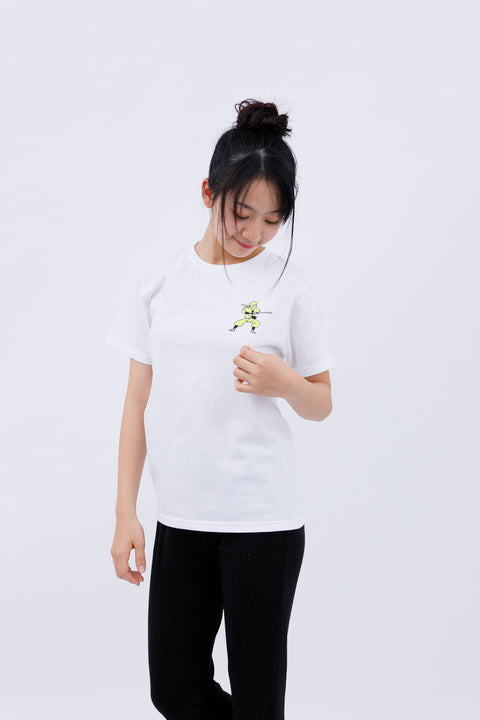 Side and back angled view of the child wearing the "Ninja" T-shirt, with one hand resting on their hip.