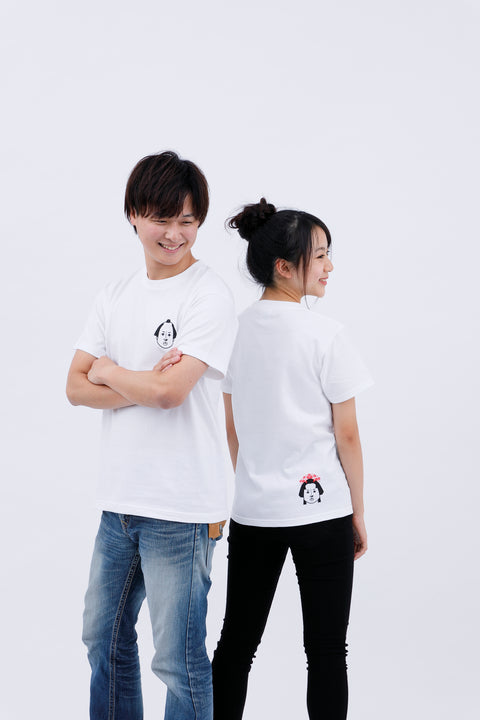 Side-by-side view of a man and woman both wearing the "Edo Face" T-shirt, standing with arms crossed.