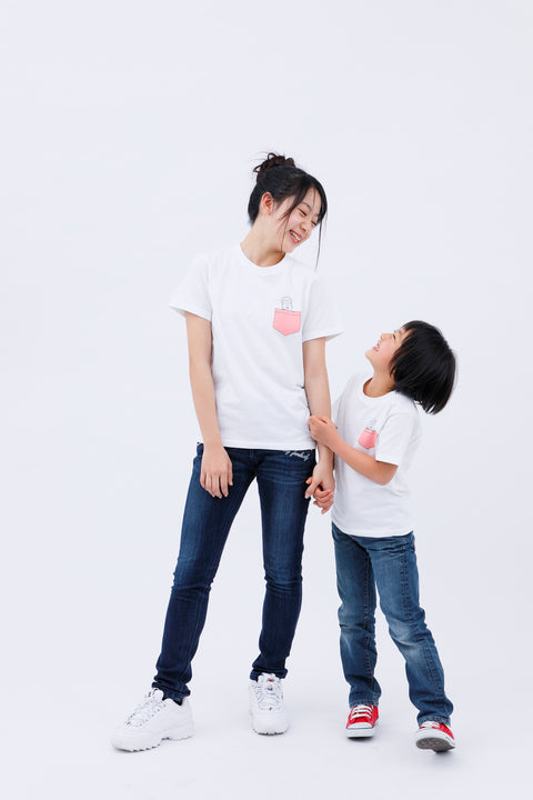 Front view of adult and child wearing matching white T-shirts "Daibutsu in a Pocket"