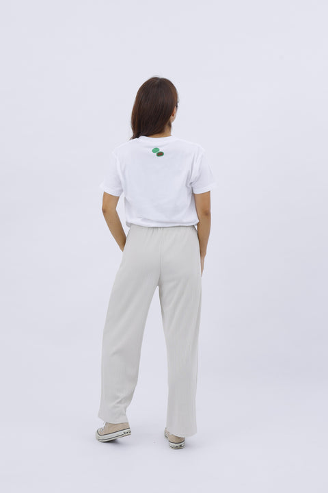 Rear view of the model in the "Mochi-tsuki" T-shirt, displaying the back design clearly.
