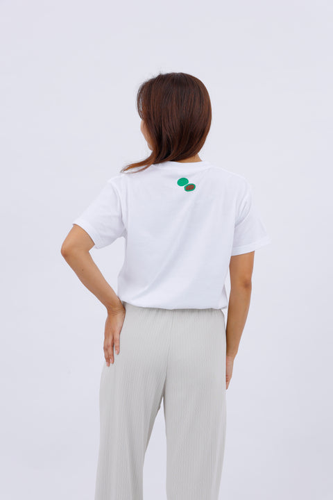 Side and back view of the model wearing the "Mochi-tsuki" T-shirt, showing the rear print.