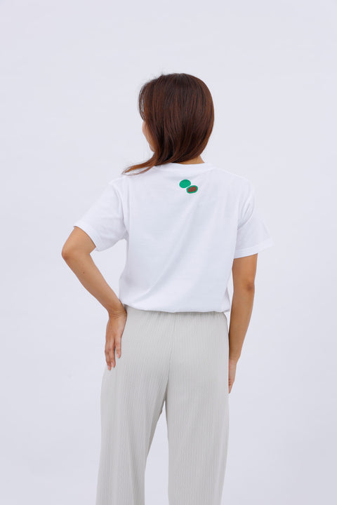 Side and back view of the model wearing the "Mochi-tsuki" T-shirt, showing the rear print.