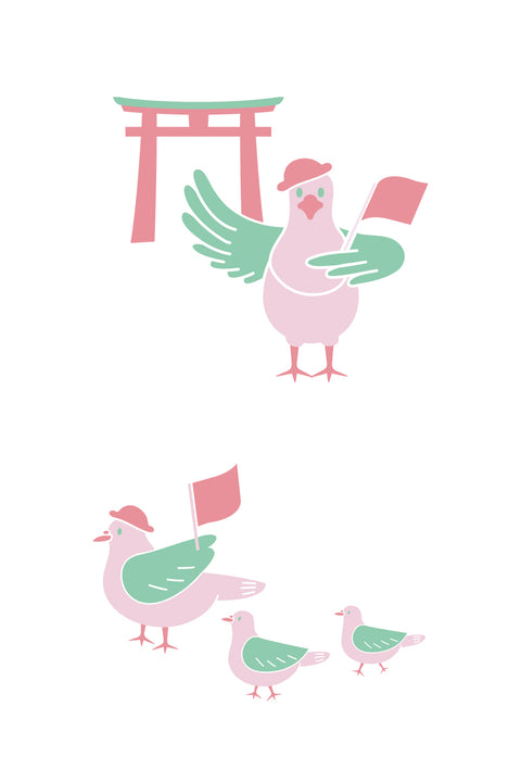 T-shirt design featuring a group of pastel-colored doves wearing hats and holding flags. The top image shows a dove guiding in front of a torii gate, while the bottom shows a parent dove leading three smaller doves like a sightseeing tour.