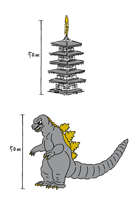 T-shirt design comparing the height of a traditional five-story pagoda and a kaiju monster. Both are illustrated at 50 meters tall, with the pagoda on top and the Godzilla-style creature below.