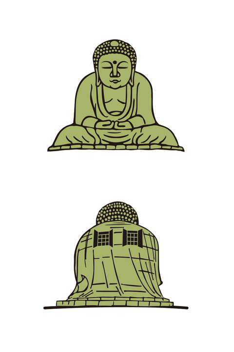 T-shirt design featuring the Great Buddha of Kamakura. The top image shows a front view of the seated Buddha in meditation, while the bottom image presents a rare back view with the statue's open windows.