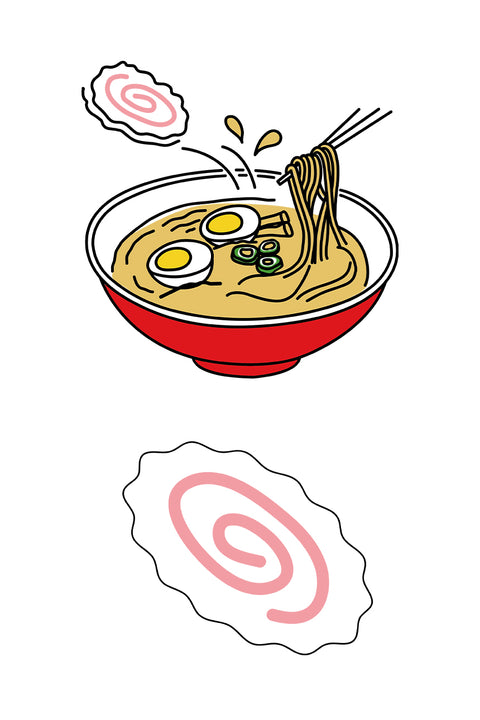 T-shirt design featuring a bowl of ramen with chopsticks lifting noodles, topped with eggs, green onions, and a naruto fish cake flying out. Below is a close-up illustration of the pink-swirled naruto.