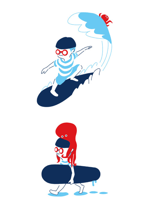 T-shirt design featuring a boy with red glasses surfing a wave while a red octopus watches from above. Below, the same boy walks with a surfboard and the octopus sits playfully on his head.