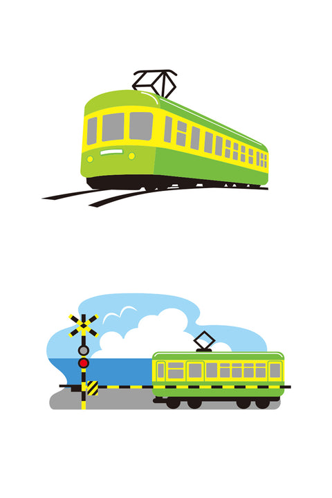 T-shirt design featuring a green and yellow retro-style train. The top image shows the train coming around a curve, while the bottom image depicts the train passing a railway crossing with the ocean and sky in the background.