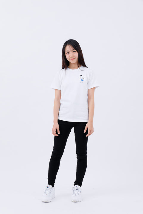 Front view of adult wearing white T-shirt "Kumitaiso" and black pants