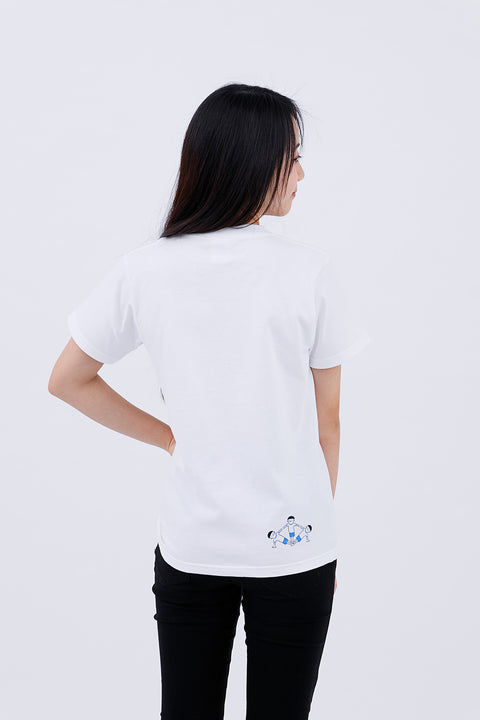 Angled back view of adult wearing white T-shirt "Kumitaiso"
