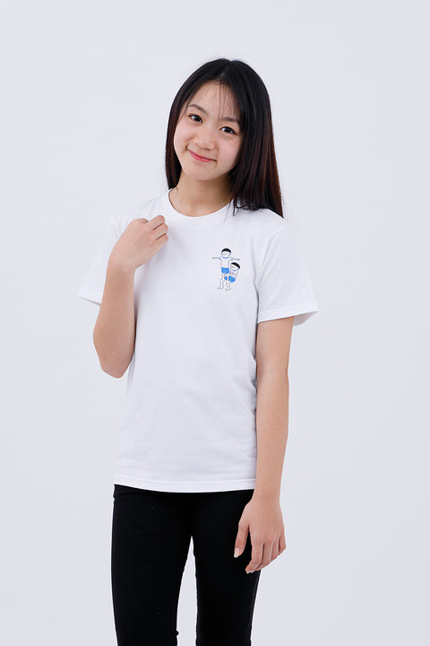 Front view of adult wearing white T-shirt "Kumitaiso" with printed design on chest
