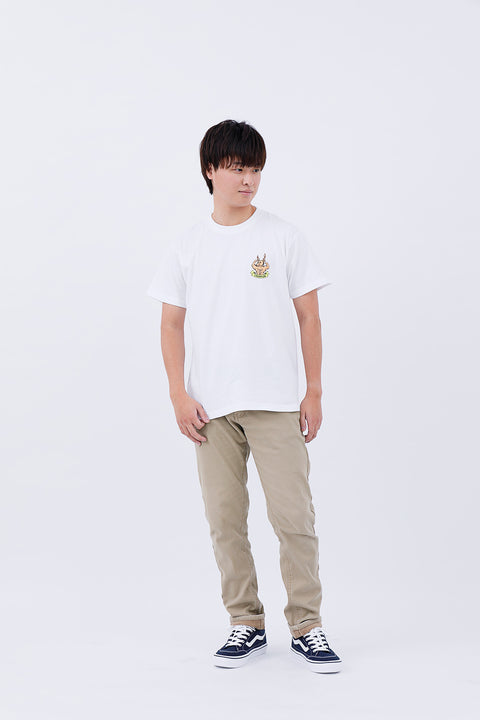 Full-body front view of the man in the "Macho Deer" T-shirt and pants, standing straight.