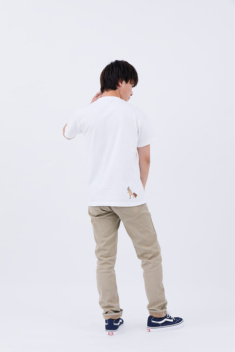 Full-body rear angled view of the man wearing the "Macho Deer" T-shirt and pants, walking casually.