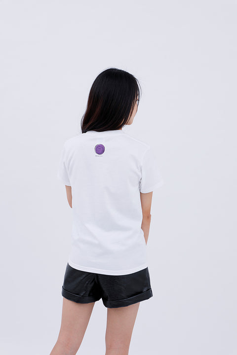 Angled back view of adult wearing white T-shirt "Daibutsu & Rahotsu"