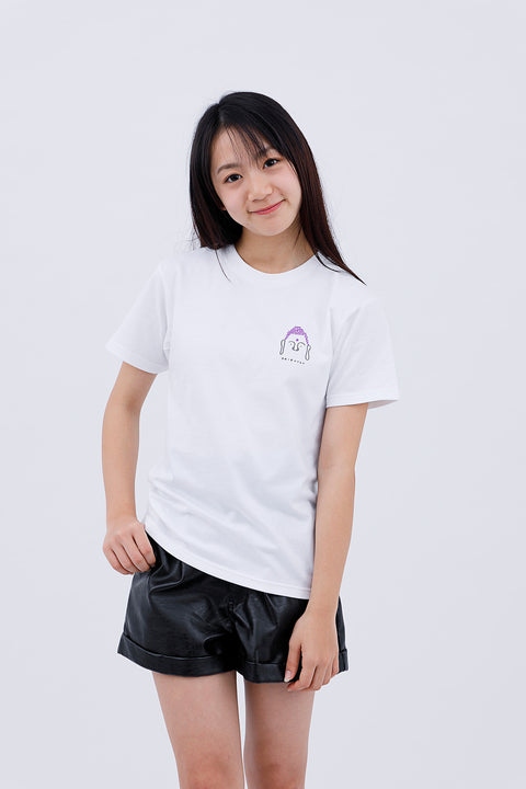 Front view of adult wearing white T-shirt "Daibutsu & Rahotsu" with printed design on chest