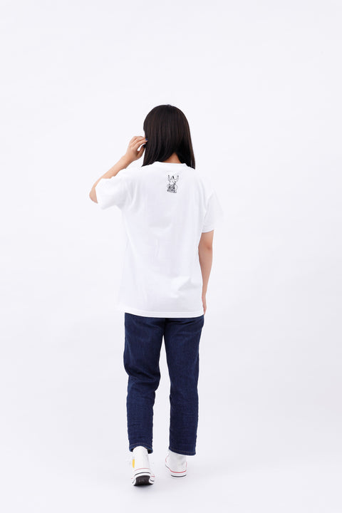 Full-body rear view of the woman wearing the "Japan's National Sport" T-shirt and jeans, standing straight.