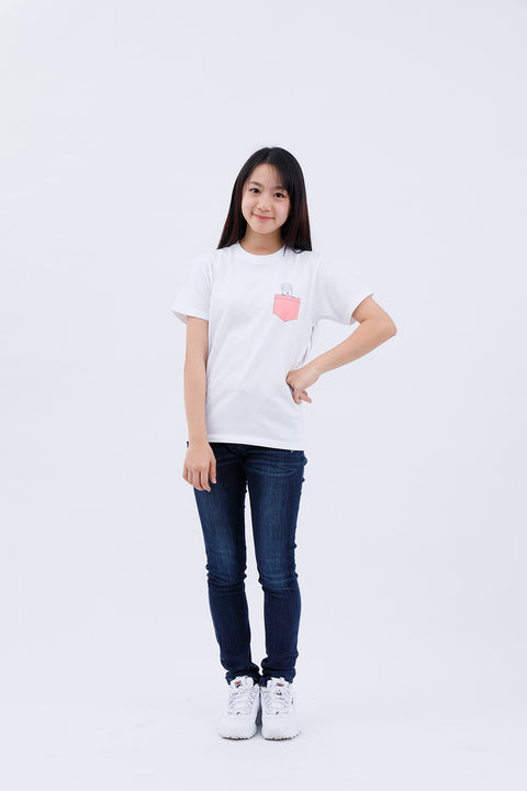 Full-body front view of adult wearing white T-shirt "Daibutsu in a Pocket" and jeans