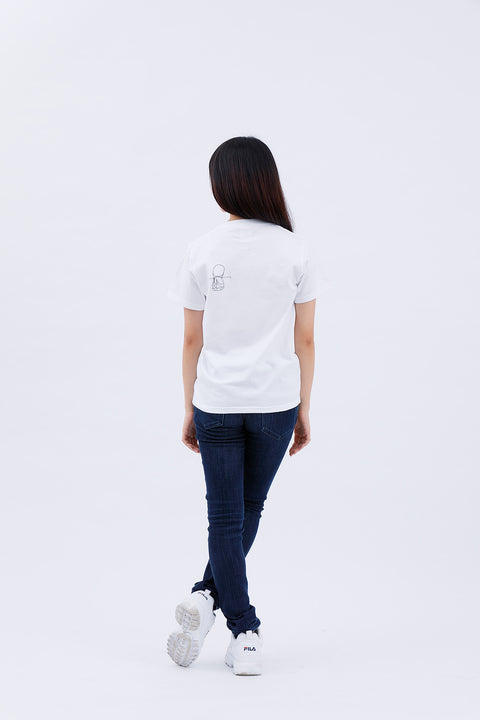 Full-body back view of adult wearing white T-shirt "Daibutsu in a Pocket" and jeans