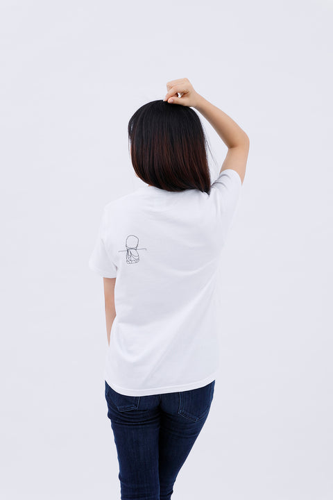 Back view of adult wearing white T-shirt "Daibutsu in a Pocket"