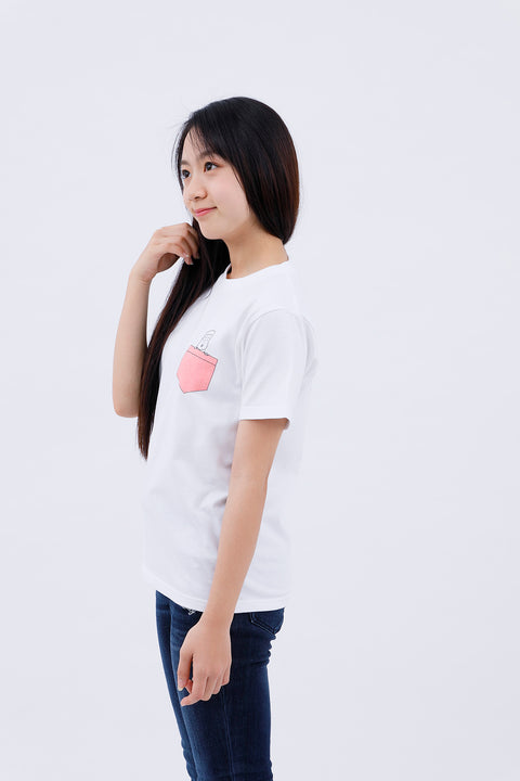 Side pose of adult wearing white T-shirt "Daibutsu in a Pocket"