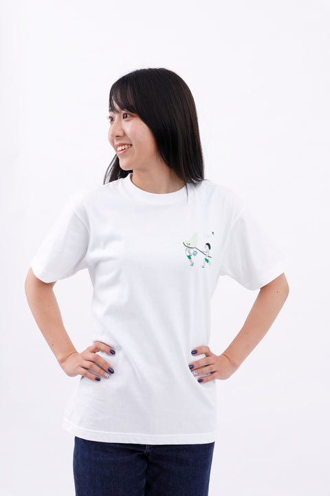 Front view of a smiling woman wearing the white "Summer Holidays" T-shirt and dark blue jeans, standing with hands on hips.