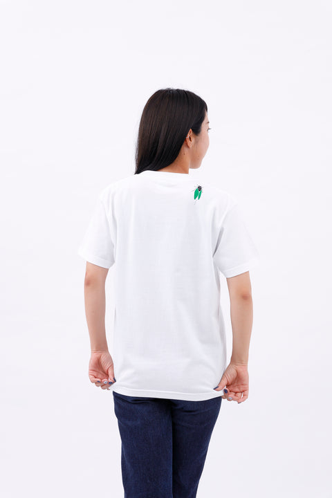 Side and back angled view of the woman wearing the "Summer Holidays" T-shirt, showing the rear design.
