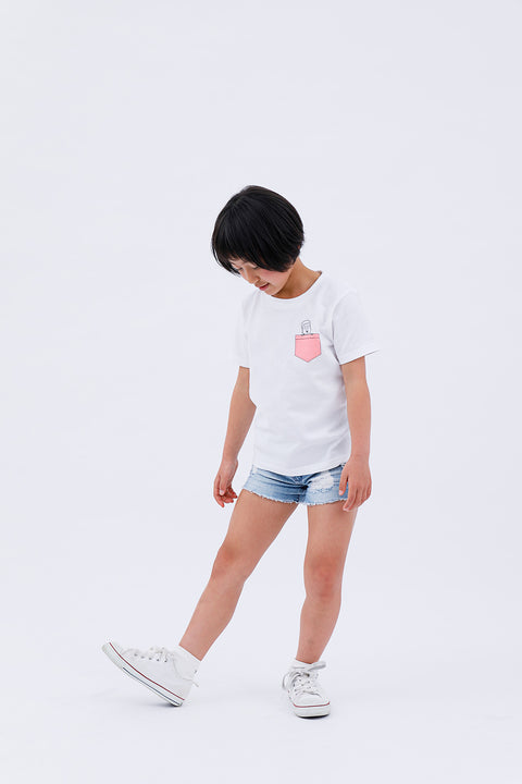 Side view of child wearing white T-shirt "Daibutsu in a Pocket"