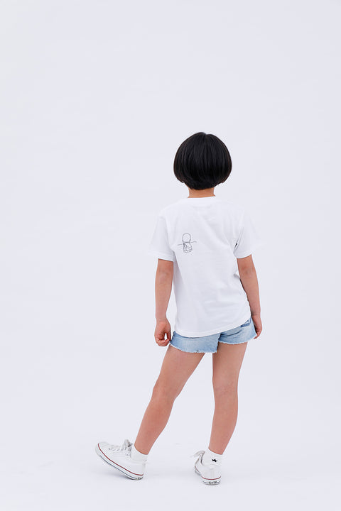 Angled back view of child wearing white T-shirt "Daibutsu in a Pocket"