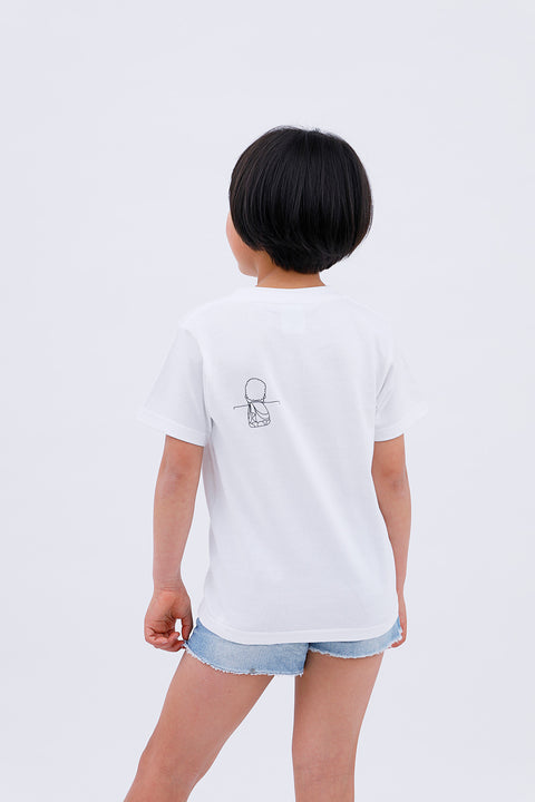 Back view of child wearing white T-shirt "Daibutsu in a Pocket"