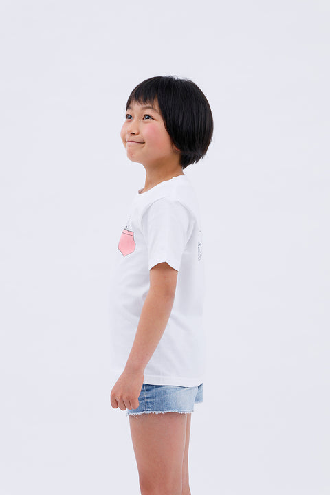 Angled side view of child wearing white T-shirt "Daibutsu in a Pocket"
