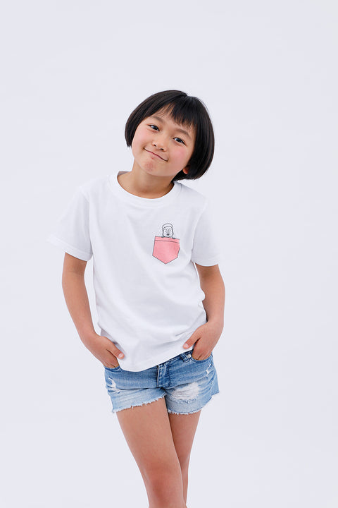 Front view of child wearing white T-shirt "Daibutsu in a Pocket" with printed design on chest