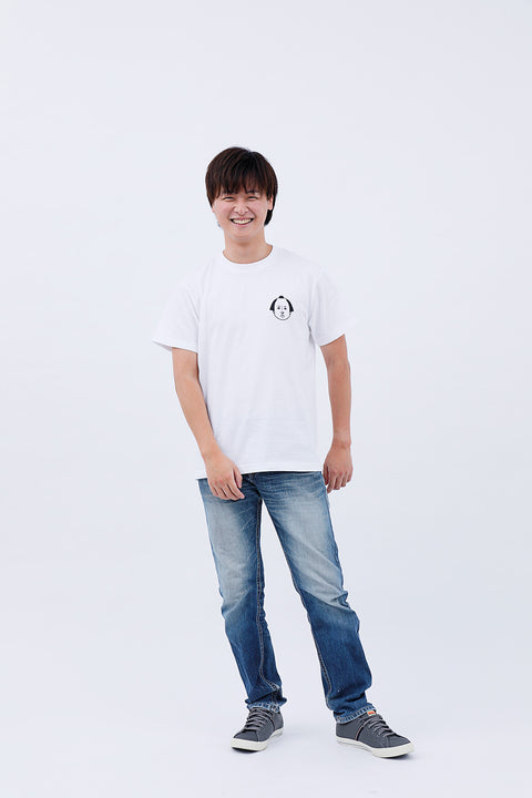 Full-body front view of the man in the "Edo Face" T-shirt and jeans, standing casually.