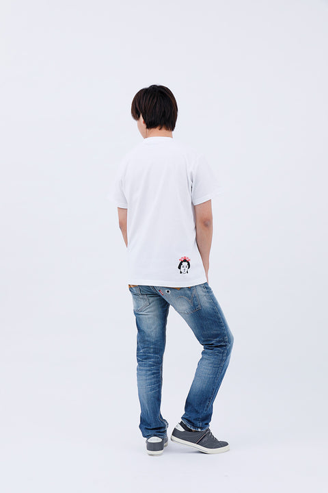 Rear view of the man wearing the "Edo Face" T-shirt and jeans, standing straight.