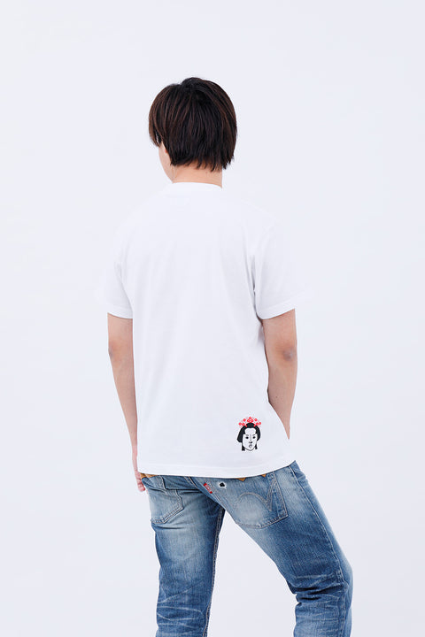 Rear angled view of the man wearing the "Edo Face" T-shirt and jeans, standing casually.