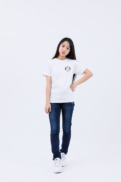 Full-body front view of the woman in the "Edo Face" T-shirt and jeans, standing with hands on hips.