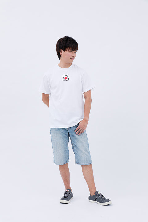 Full-body front view of the man in the "Onigiri" T-shirt and jeans, standing casually.