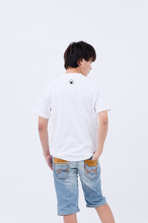 Rear angled view of the man wearing the "Onigiri" T-shirt and jeans, standing casually.