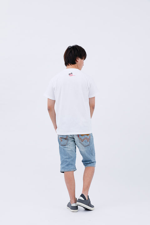 Full-body rear view of the man wearing the "Sumo Wrestler & Ayatori" T-shirt and jeans, walking away.