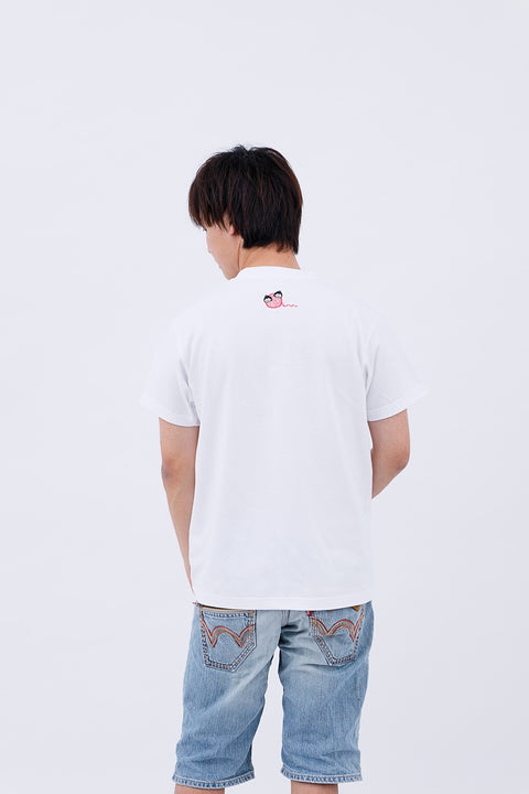 Rear view of the man wearing the "Sumo Wrestler & Ayatori" T-shirt and jeans, standing straight.