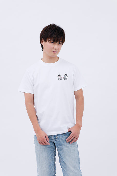 Front view of a man wearing the "Sumo Wrestler & Ayatori" T-shirt and light blue jeans, standing casually.