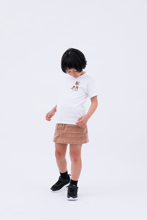 Full-body rear angled view of the child in the "Sparrow in Love" T-shirt and skirt, walking forward.