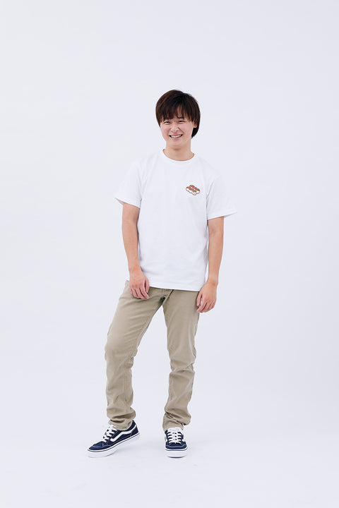 Full-body front view of the man in the "Takoyaki" T-shirt and beige pants, standing straight.