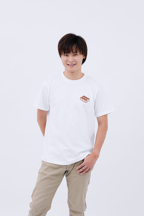 Front view of a man wearing the "Takoyaki" T-shirt and beige pants, standing casually.