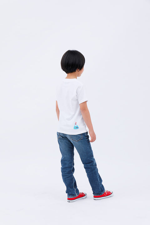 Rear angled view of the child wearing the "Kingyo Sukui" T-shirt and jeans, mid-step.