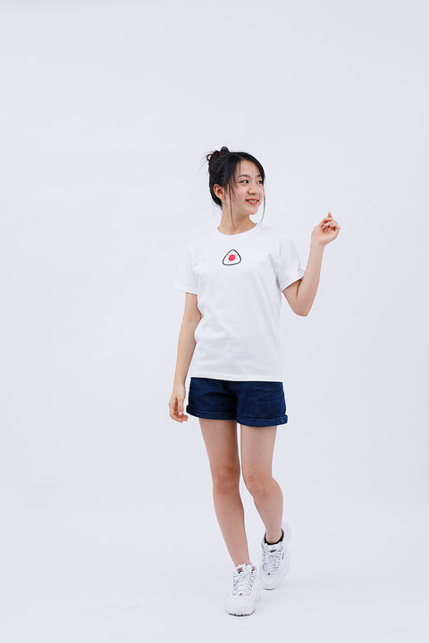 Full-body front view of the woman in the "Onigiri" T-shirt and shorts, standing with one hand raised.