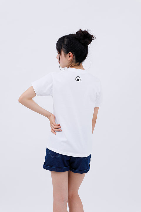 Rear view of the woman wearing the "Onigiri" T-shirt and shorts, showing the back print.