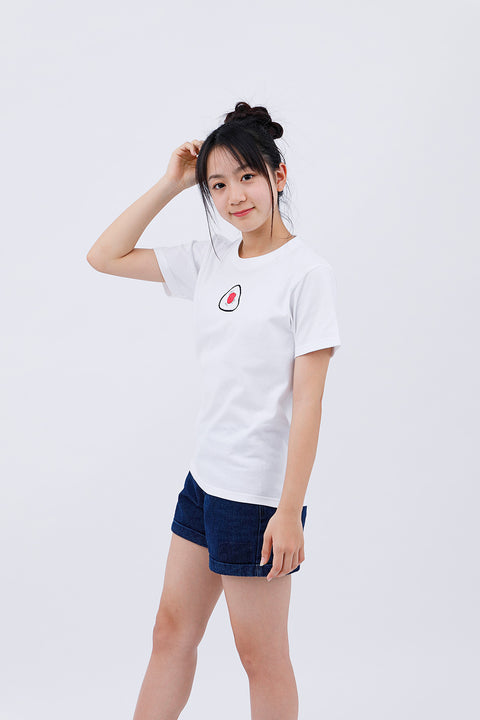 Front view of a woman wearing the "Onigiri" T-shirt and navy shorts, smiling softly.