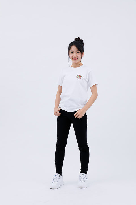 Full-body front view of the woman in the "Takoyaki" T-shirt and black pants, standing confidently.