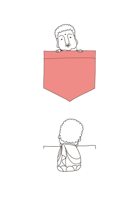 A playful design showing a cartoon Buddha peeking out from a red pocket, with a rear view below. A humorous take on the idea of a pocket Buddha for good luck and smiles.